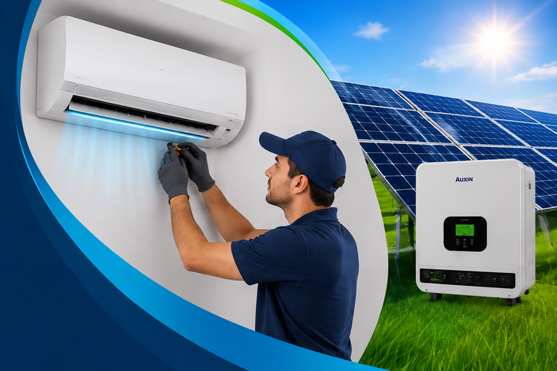 AC technician installing air conditioner with solar panels